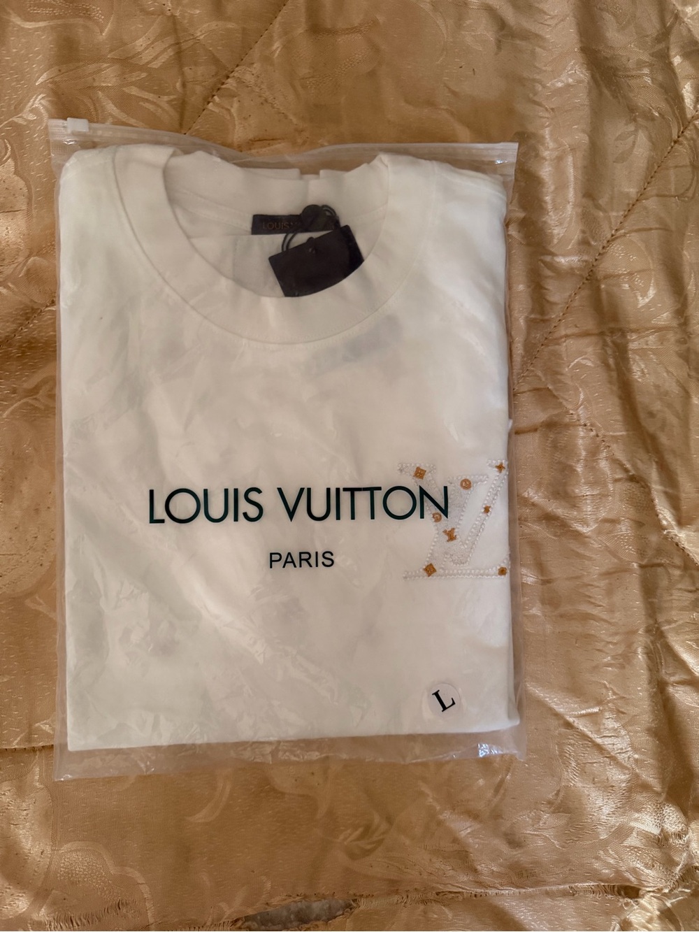 Louis Vuitton White Crewneck Tee with Gold Accent LV Motif